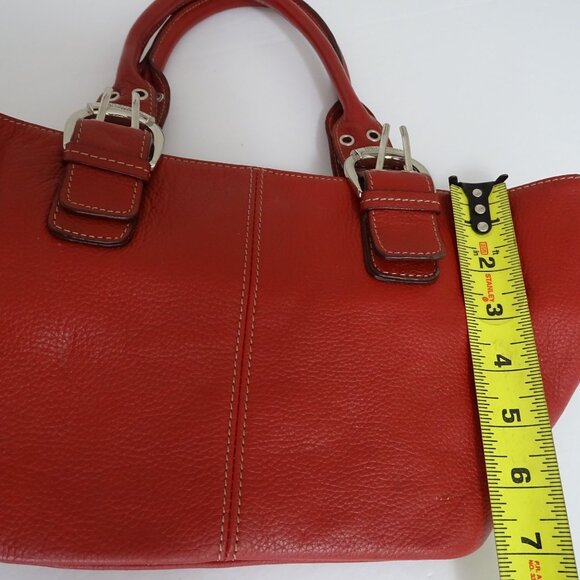 Tignanello Red Pebbled Leather Handbag Dual Buckle Straps Chain Print Lining - Picture 9 of 10